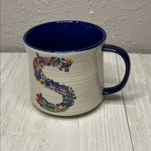 By Anthropologie Floral Initial S Mug with Blue Interior